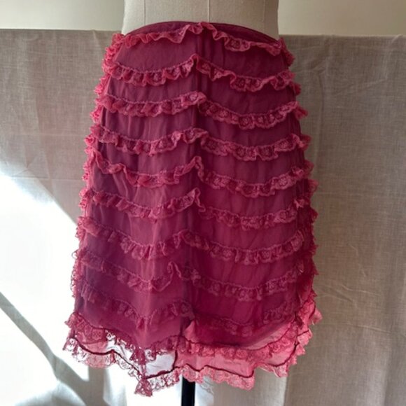 Vintage 90s Betsey Johnson New York Pink Silk & Ruffled Lace Mini Skirt - Picture 1 of 10